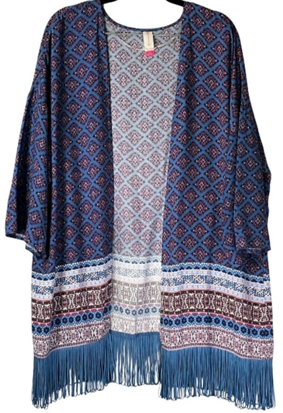Vintage No Boundaries Blue Purple Tribal Print Fringed Open Front Kimono Size L